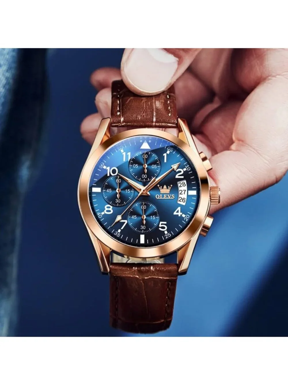 Stylish Brown Leather Men's Watch, Large Face Chronograph, Waterproof Analog